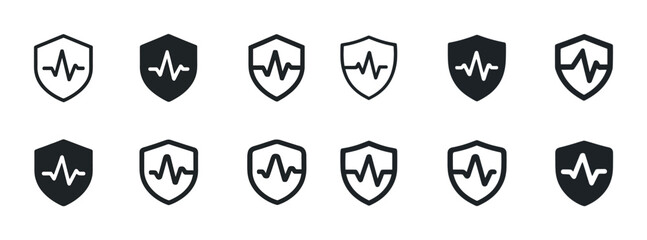 Set of heartbeat shield icons in black and white variations