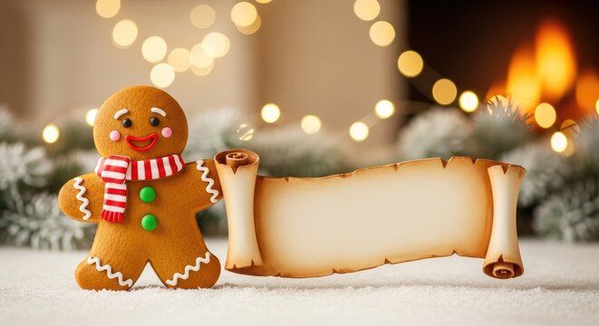 A gingerbread man with a scroll in front of a fireplace with Christmas lights.