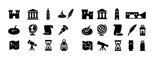 Set of historical and exploration icons including telescope, hourglass, and globe