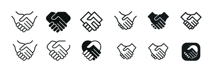 Set of diverse handshake icon designs in black and white vector style