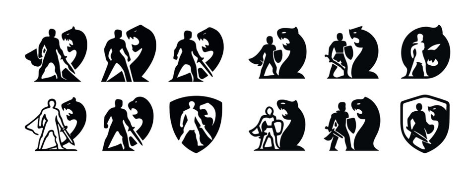 Silhouette warrior and dragon shield icons collection