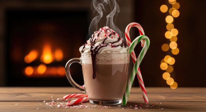 A steaming cup of hot chocolate with whipped cream and candy canes in front of a fireplace with holiday lights.