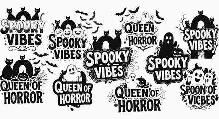 Fototapeta premium A collage of Halloween-themed graphics featuring Spooky Vibes and Queen of Horror text, along with black cats, pumpkins, bats, ghosts, and spiderwebs.