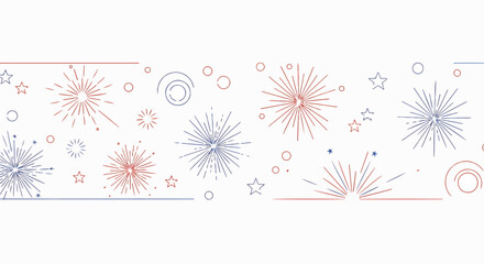 Red, white, & blue line art pattern featuring fireworks, stars, and circles. Design element for festive & patriotic themes on a white background.