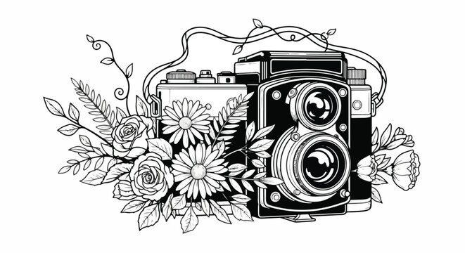 Black and white illustration of a vintage twin-lens reflex camera surrounded by detailed floral elements. Decorative and artistic style.