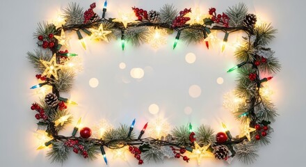 A festive Christmas wreath with lights, pine cones, and berries.