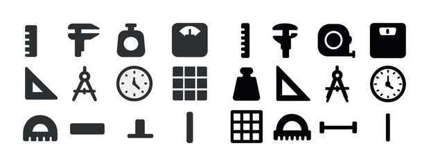 Measurement and weighing tools icon set: diverse shapes and functions