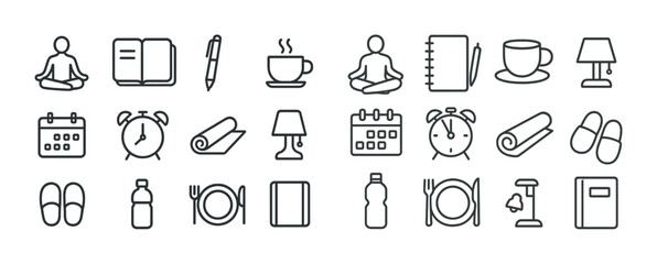 Minimalist daily routine icons: yoga, coffee, alarm, lamp, notebook, meditation