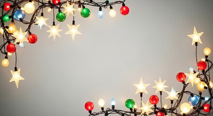 Christmas lights with colorful bulbs and stars against a white background.