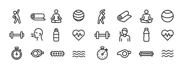 Fitness icons: exercise, meditation, yoga, health, hydration symbols