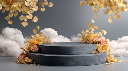 A serene arrangement of circular platforms adorned with golden leaves and flowers, set against a soft, cloudy backdrop.