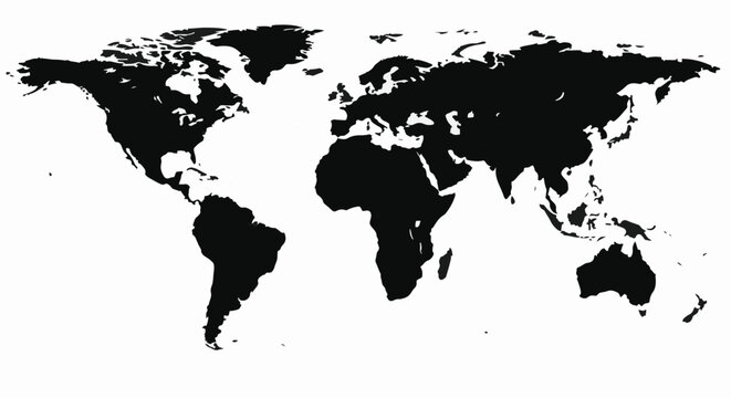 A world map silhouette in black against a white background, showing the continents and major landmasses.