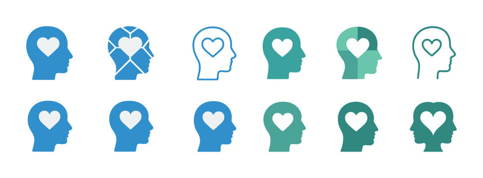 Silhouette head icons with heart symbols in blue and green tones