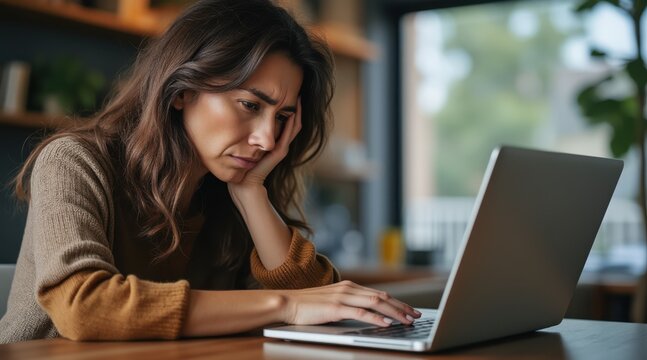 Presbyopia Woman concept. Frustrated woman working on a laptop at home.