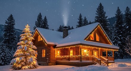 A cozy log cabin with a Christmas tree and lights, surrounded by snow-covered trees at night.