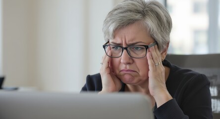 Presbyopia Woman concept. Frustrated woman working on a laptop, expressing stress and concentration.