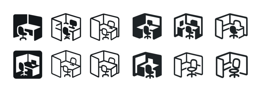 Minimalist icon set of various office desks and chairs in cubicles