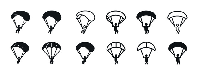 Silhouette icons of parachutists with various parachute designs