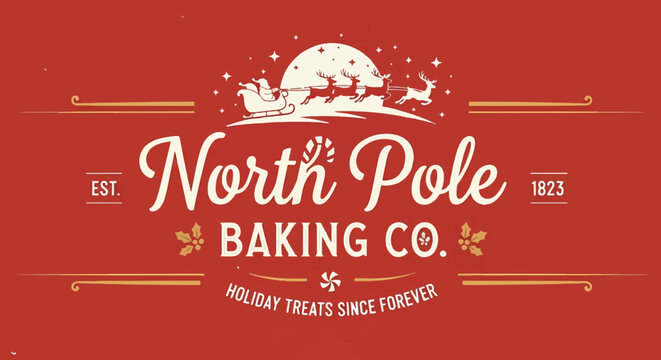 Retro-style North Pole Baking Co. logo. Features Santa in his sleigh with reindeer, stars, & candy canes on a red background. Festive holiday design.