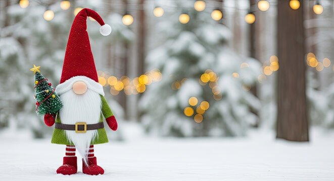 A festive Christmas gnome holding a miniature tree in a snowy forest with fairy lights.