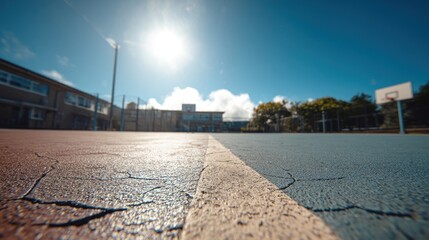 A sunlit basketball court with a cracked surface, framed by a blue sky and buildings in the background.