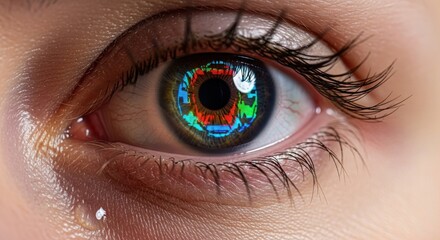 Fototapeta premium Presbyopia Woman concept. Eye with a reflective surface showing digital elements and vivid colors.