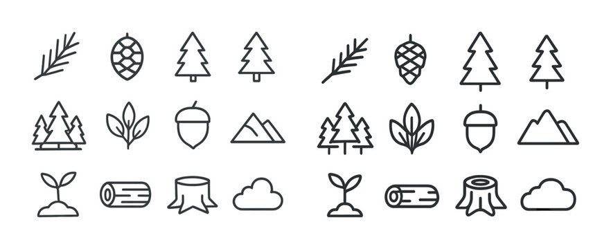 Forest elements collection: trees, pinecones, leaves, seedlings, acorns, mountains