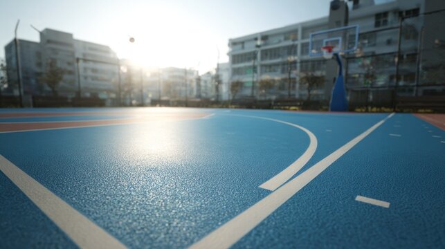 A vibrant basketball court in an urban setting, featuring a blue surface and a hoop, illuminated by sunlight during early morning.