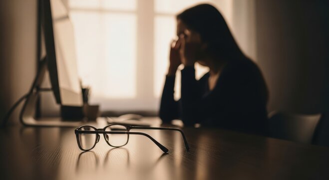 Presbyopia Woman concept. Frustrated person working on a computer in a dimly lit room.