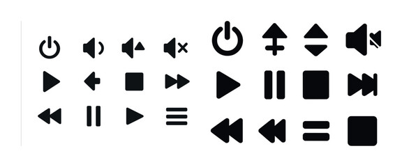 Diverse media control icons set including play, pause, stop, volume, power symbols