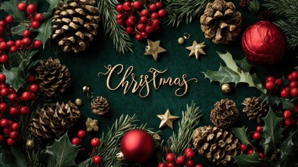 A festive arrangement featuring pinecones, holly, and red ornaments, centered around a beautifully scripted "Christmas" on a green background.