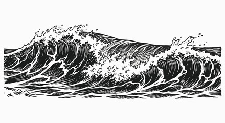 Monochrome drawing of a large ocean wave with intricate details of foam, crest, and swell. The artistic style suggests an engraving or woodcut.