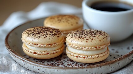 Three delicate macarons dusted with cocoa powder sit on a textured ceramic plate next to a white cup of dark coffee. Soft, natural light illuminates the scene.
