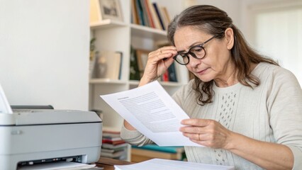 Presbyopia Woman concept. An older woman reading documents while seated at a desk with a printer.