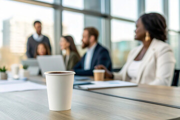White coffee cup prominently displayed on a wooden table, foregrounding a busy business meeting with diverse professionals collaborating in a contemporary office environment