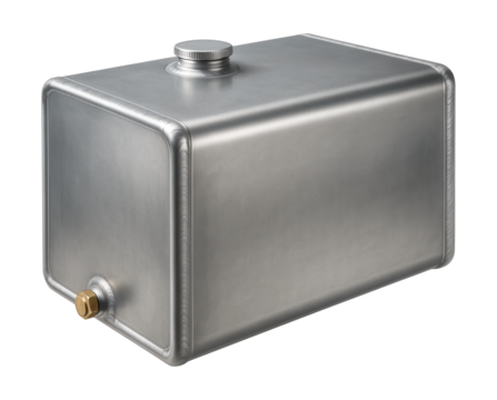 Rectangular aluminum fuel tank featuring reinforced corners and a bottom drain plug.