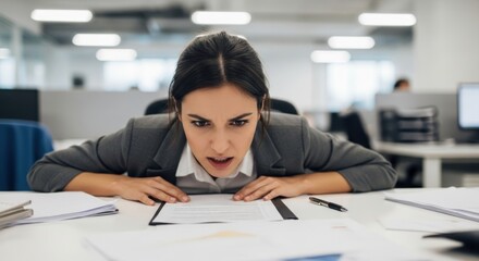Presbyopia Woman concept. Frustrated woman reviewing documents at a cluttered office desk.