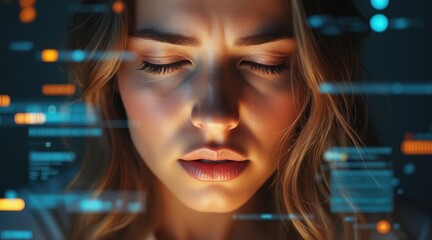 Presbyopia Woman concept. Woman immersed in digital data and technology visualization.