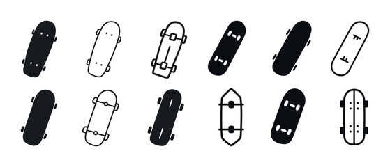Variety of skateboard icon designs in black and white set
