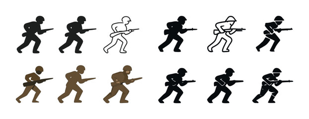 Fototapeta premium Silhouette and outline soldiers: diverse stances and styles in combat gear