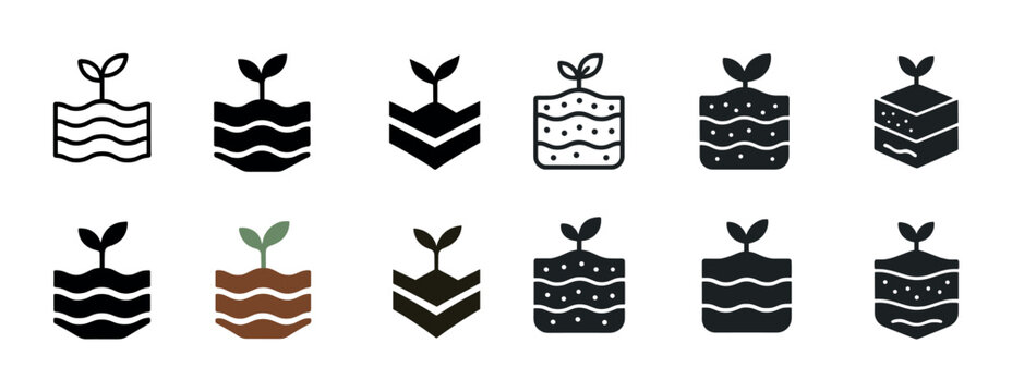 Set of plant icons with seedling sprouting from layered soil variations
