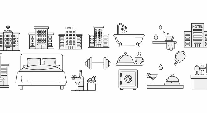Line art icons depict hotel amenities. Includes hotel buildings, bathtub, bed, safe, food, drinks, gym equipment, and reception bell. Minimalist style.
