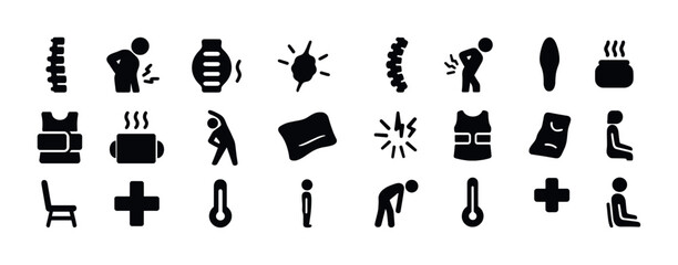 Back pain relief icons set: medical, massage, and exercise symbols for therapy