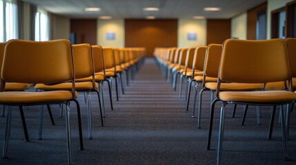 Conference room setup office space gigapixel image professional environment wide angle empty chairs symbolizing absence