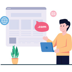 Man Holding Laptop Standing Next To A Website Design On A Transparent Background With .com Bubble Symbolizing Online Presence And Web Development