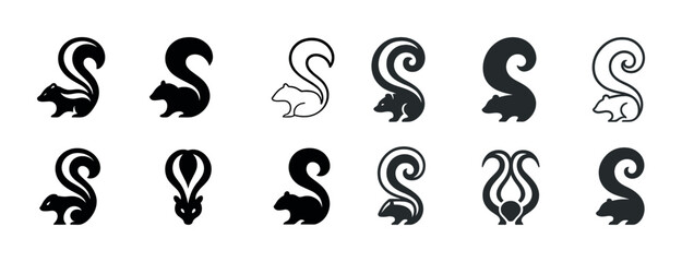 Set of skunk and squirrel silhouettes in various styles