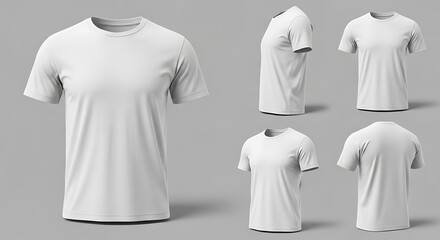 A collection of realistic white crewneck t-shirt mockups showing various angles for apparel design presentation. Plain cotton shirt template