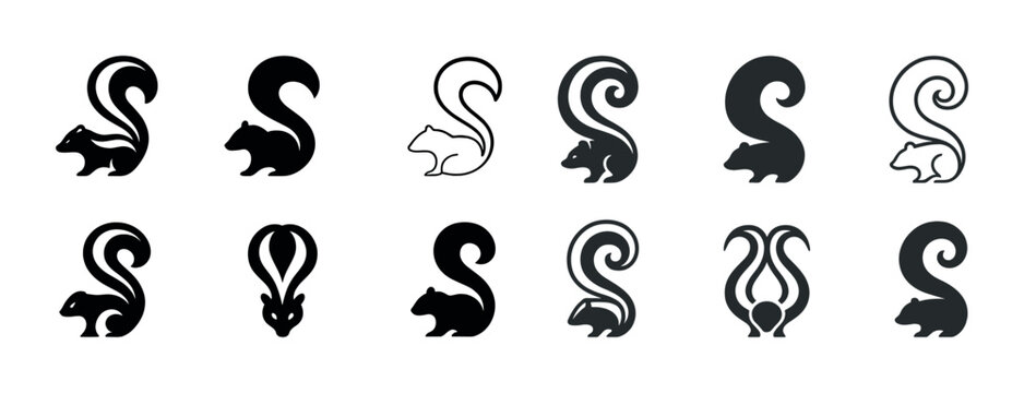Set of skunk and squirrel silhouettes in various styles