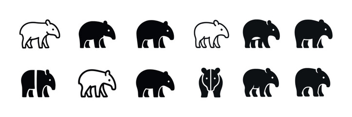 Obraz premium Diverse tapir silhouettes and icons in black and white