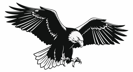 Obraz premium A black and white vector image of an eagle in flight, with wings spread and talons extended, ready to strike. Fierce gaze.